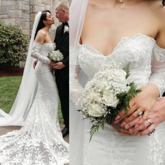 House of CB Isabelle White Lace Off Shoulder Long Sleeve Wedding‎ Dress Gown M - Picture 1 of 15